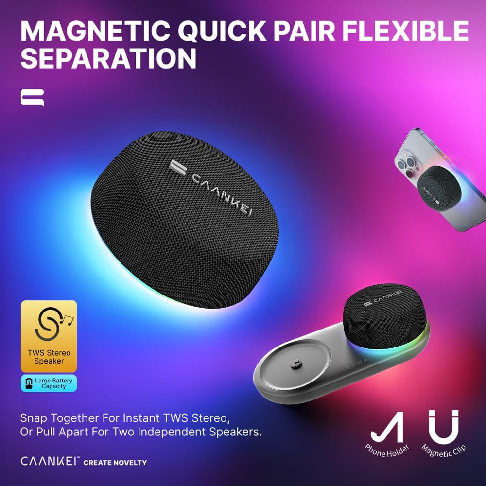 Caankei Magnetic Mini Bluetooth Speaker 5.3 – Wireless Portable Speaker with HiFi Stereo Sound, TWS Dual Pairing, Loud Bass, Compact Design for Travel, Outdoor & Home Use