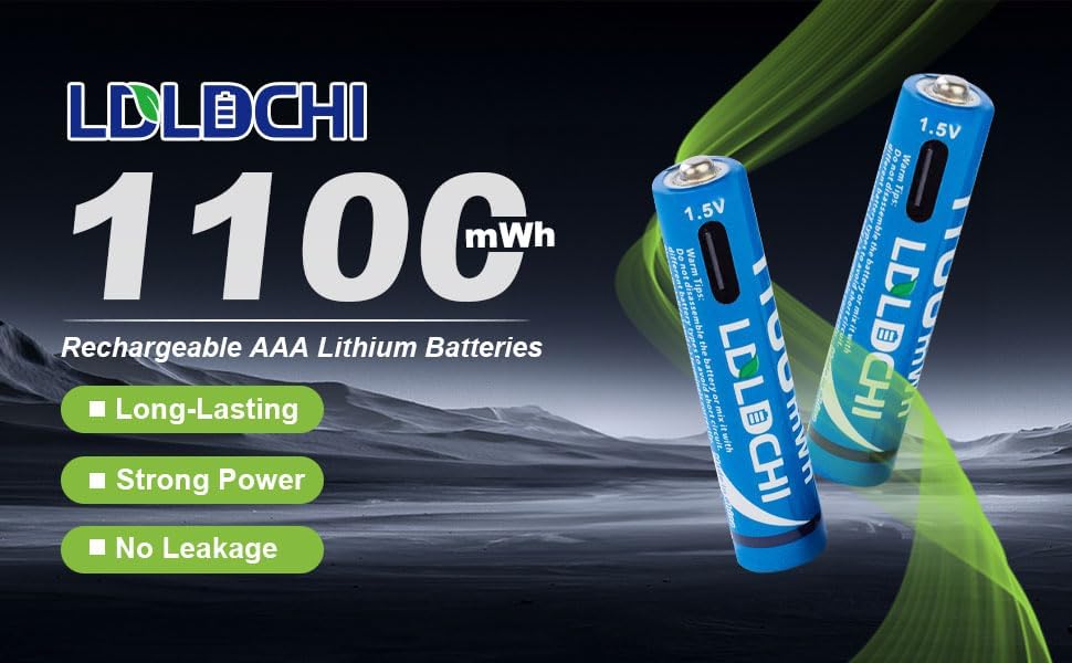 AAA Rechargeable Batteries 1.5V – 4 Pack Lithium, 1100mWh High Capacity, 1000+ Cycles, with 4-in-1 USB Charging Cable