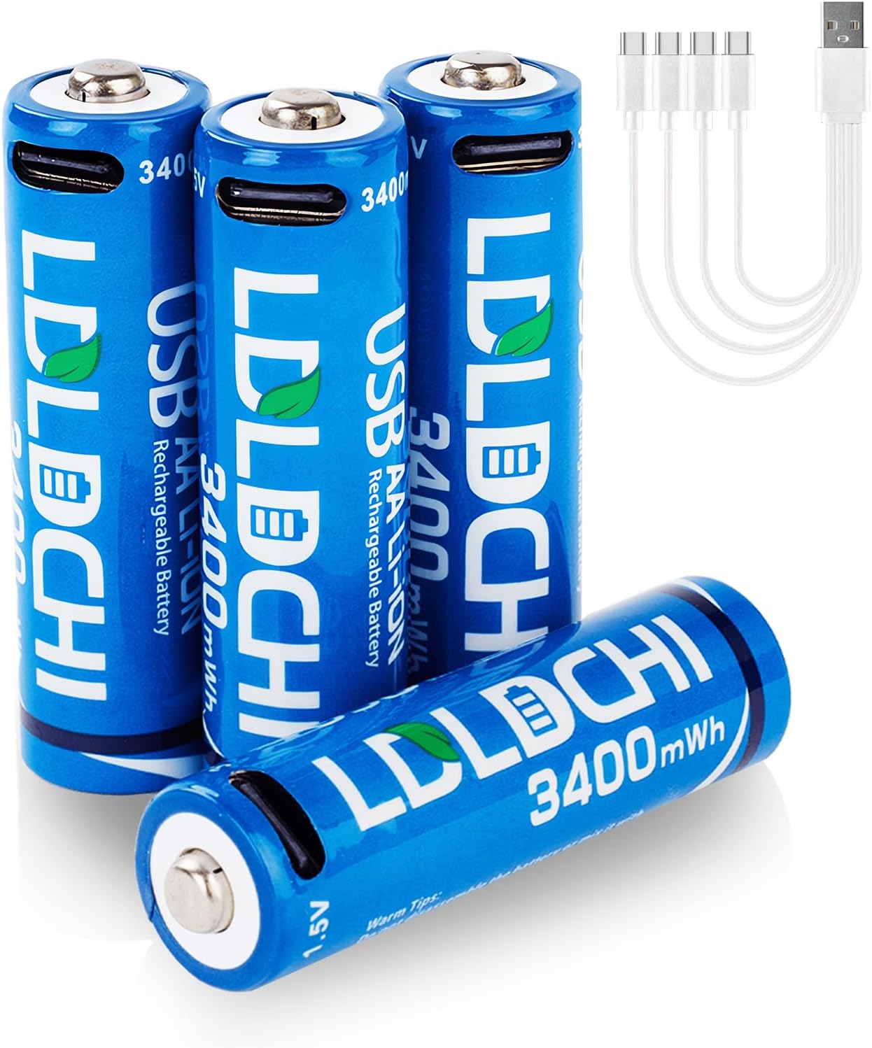 AA USB Rechargeable Batteries 1.5V – 4 Pack Lithium, 3400mWh High Capacity, 1000+ Cycles, with 4-in-1 USB Charging Cable