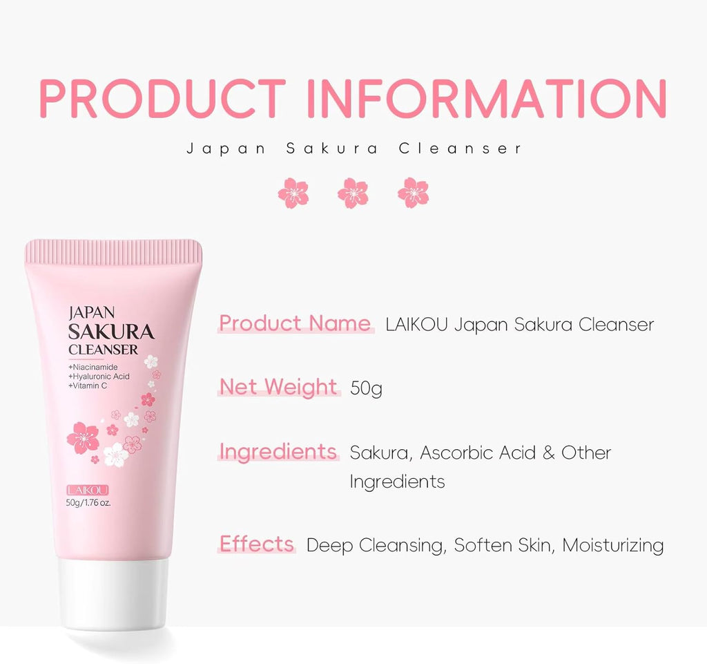 LAIKOU Sakura Foam Face Wash 50g – Gentle Cherry Blossom Facial Cleanser with Niacinamide, Hyaluronic Acid & Vitamin C – Hydrating Foaming Cleanser for Fresh, Smooth & Radiant Looking Skin