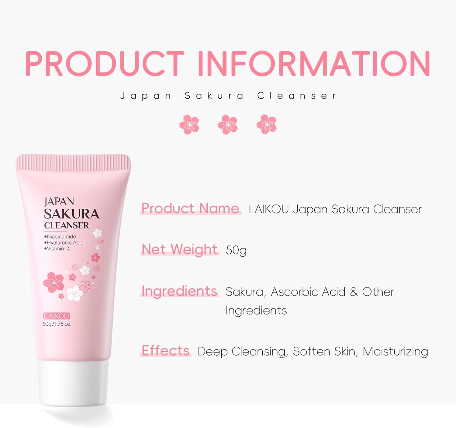 LAIKOU Sakura Foam Face Wash 50g – Gentle Cherry Blossom Facial Cleanser with Niacinamide, Hyaluronic Acid & Vitamin C – Hydrating Foaming Cleanser for Fresh, Smooth & Radiant Looking Skin