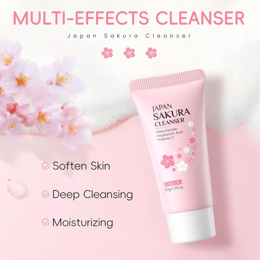 LAIKOU Sakura Foam Face Wash 50g – Gentle Cherry Blossom Facial Cleanser with Niacinamide, Hyaluronic Acid & Vitamin C – Hydrating Foaming Cleanser for Fresh, Smooth & Radiant Looking Skin