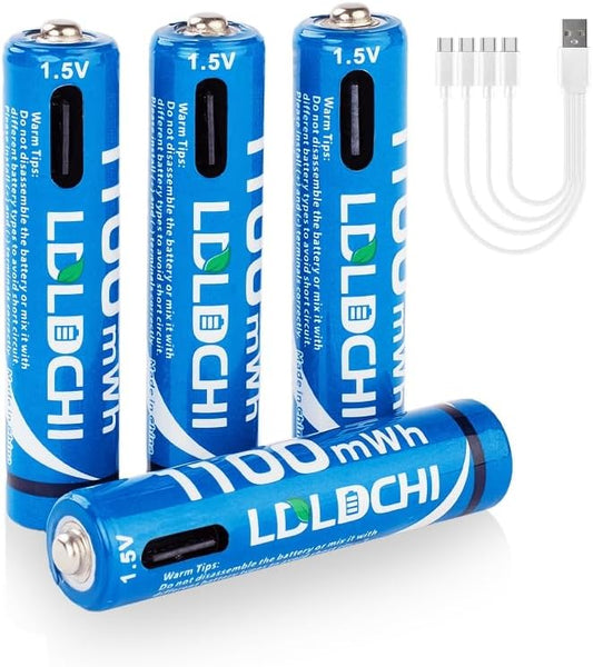 AAA Rechargeable Batteries 1.5V – 4 Pack Lithium, 1100mWh High Capacity, 1000+ Cycles, with 4-in-1 USB Charging Cable