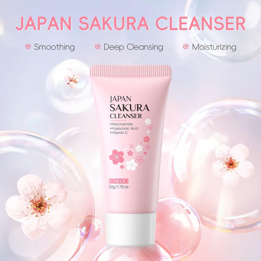 LAIKOU Sakura Foam Face Wash 50g – Gentle Cherry Blossom Facial Cleanser with Niacinamide, Hyaluronic Acid & Vitamin C – Hydrating Foaming Cleanser for Fresh, Smooth & Radiant Looking Skin