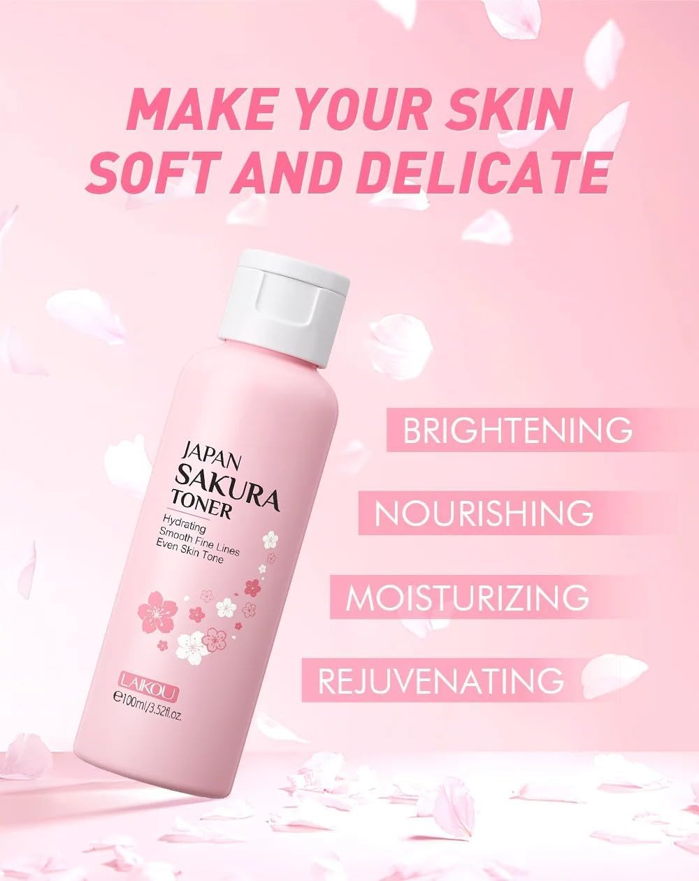 LAIKOU Sakura Facial Toner 100ml with Niacinamide & Hyaluronic Acid – Hydrating Toner for Uneven Looking Skin – Refreshing Face & Neck Toner for Radiant Glow