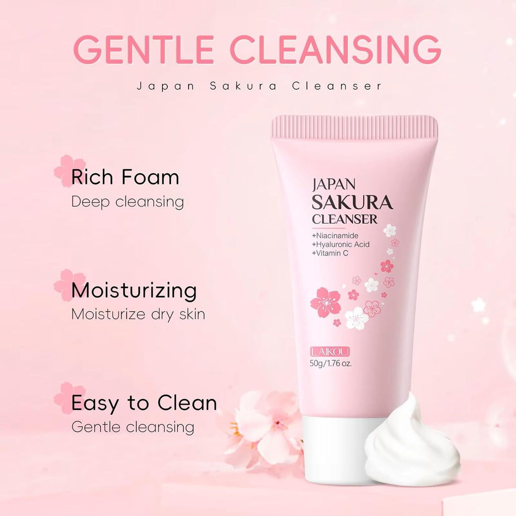 LAIKOU Sakura Foam Face Wash 50g – Gentle Cherry Blossom Facial Cleanser with Niacinamide, Hyaluronic Acid & Vitamin C – Hydrating Foaming Cleanser for Fresh, Smooth & Radiant Looking Skin