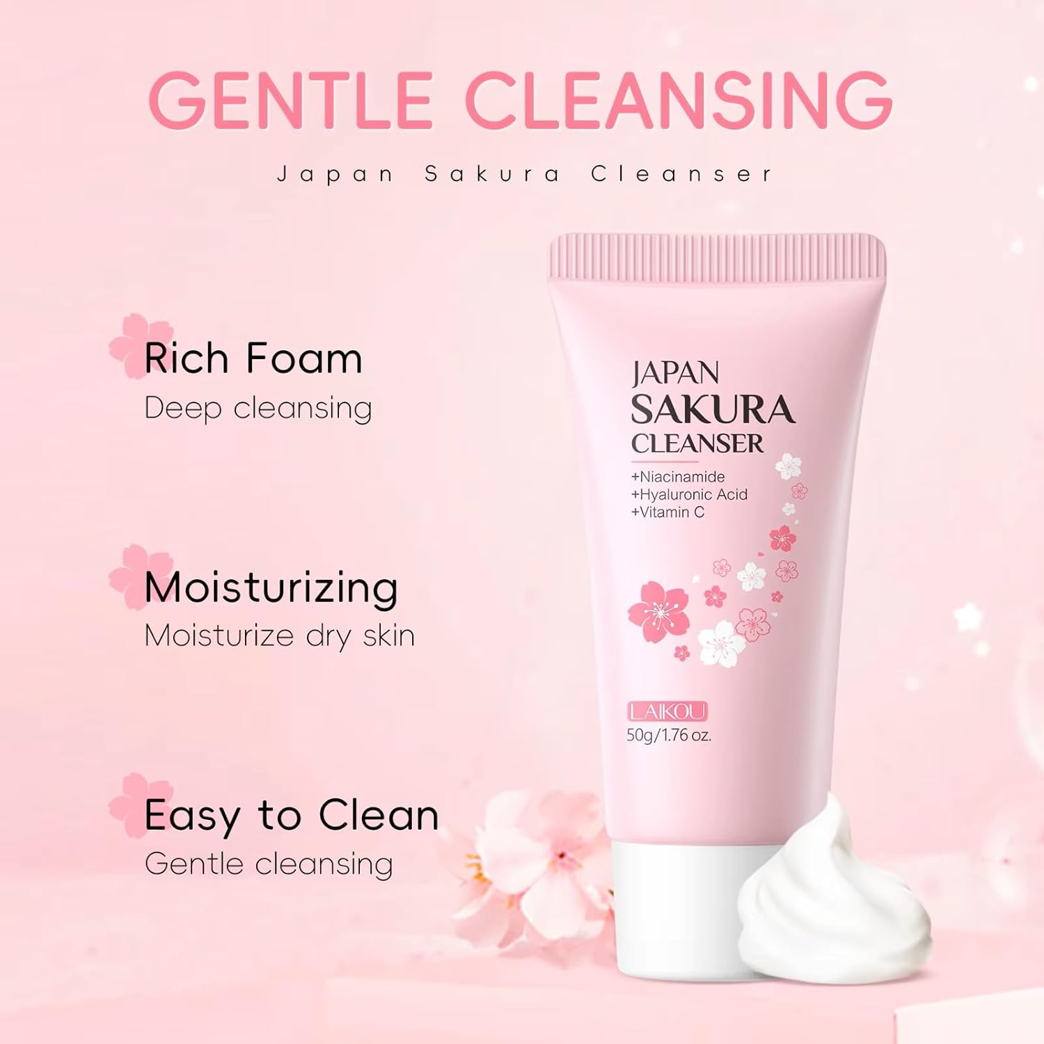LAIKOU Sakura Foam Face Wash 50g – Gentle Cherry Blossom Facial Cleanser with Niacinamide, Hyaluronic Acid & Vitamin C – Hydrating Foaming Cleanser for Fresh, Smooth & Radiant Looking Skin
