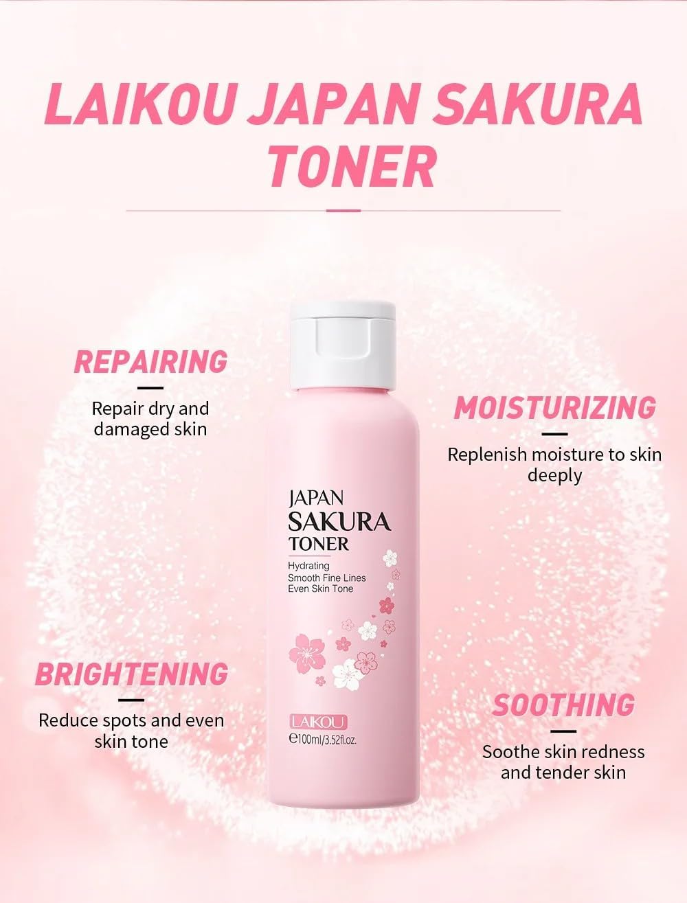 LAIKOU Sakura Facial Toner 100ml with Niacinamide & Hyaluronic Acid – Hydrating Toner for Uneven Looking Skin – Refreshing Face & Neck Toner for Radiant Glow