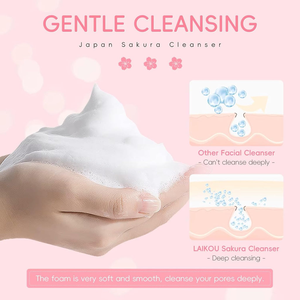 LAIKOU Sakura Foam Face Wash 50g – Gentle Cherry Blossom Facial Cleanser with Niacinamide, Hyaluronic Acid & Vitamin C – Hydrating Foaming Cleanser for Fresh, Smooth & Radiant Looking Skin