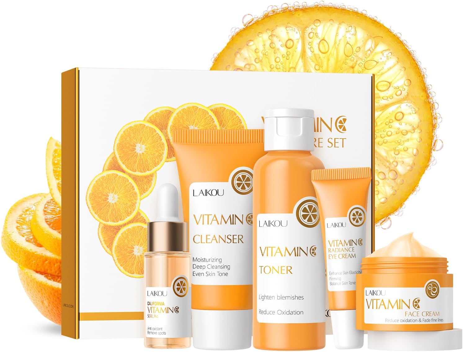 LAIKOU Skin Care Set Vitamin C Women Beauty Gift Sets Skin Care Kit with Cleanser, Toner, Serum, Eye Cream, Face Cream Travel Kit for Women Teen Girls Mom Daughter Birthday TSA-friendly Sizes 5pcs
