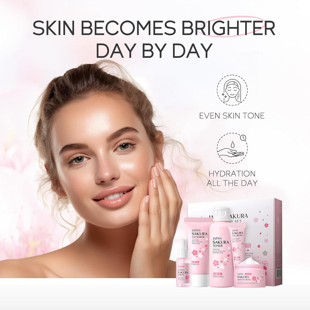 LAIKOU Skin Care Set JAPAN SAKURA Women Beauty Gift Sets Skin Care Kit with Cleanser, Toner, Lotion, Serum, Eye Cream, Face Cream Travel Kit for Women Teen Girls Mom Daughter TSA-friendly Sizes 6pcs