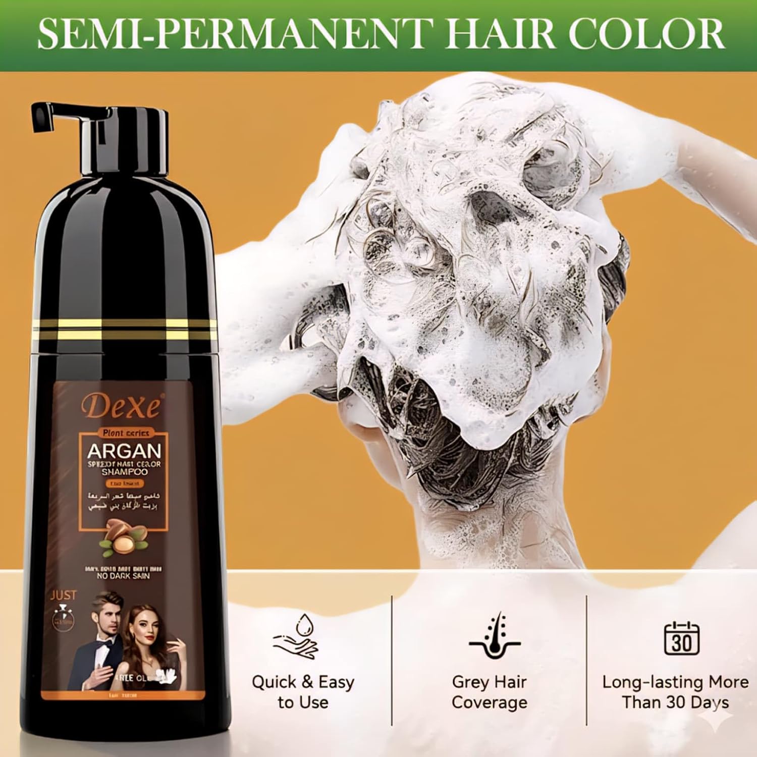 Dexe Black Hair Argan Oil Shampoo – 5 Minute Instant Hair Dye, Natural Organic Gray Coverage, Nourishing & Long-Lasting Color for Men & Women (BLACK)