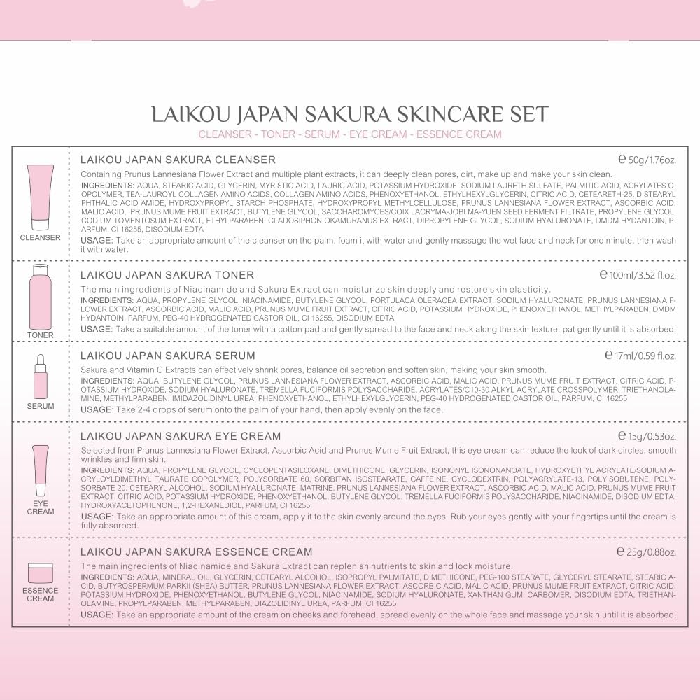 LAIKOU Skin Care Set JAPAN SAKURA Women Beauty Gift Sets Skin Care Kit with Cleanser, Toner, Lotion, Serum, Eye Cream, Face Cream Travel Kit for Women Teen Girls Mom Daughter TSA-friendly Sizes 6pcs
