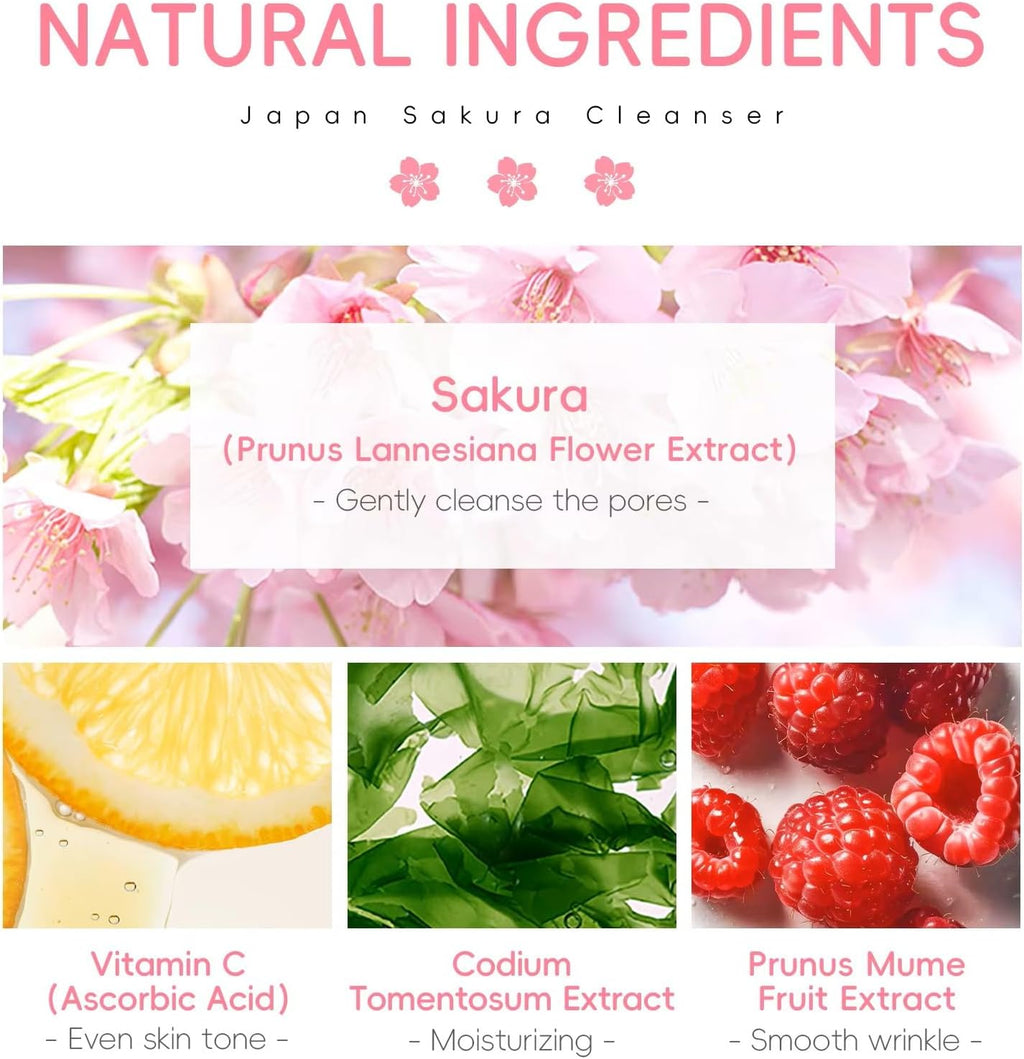 LAIKOU Sakura Foam Face Wash 50g – Gentle Cherry Blossom Facial Cleanser with Niacinamide, Hyaluronic Acid & Vitamin C – Hydrating Foaming Cleanser for Fresh, Smooth & Radiant Looking Skin