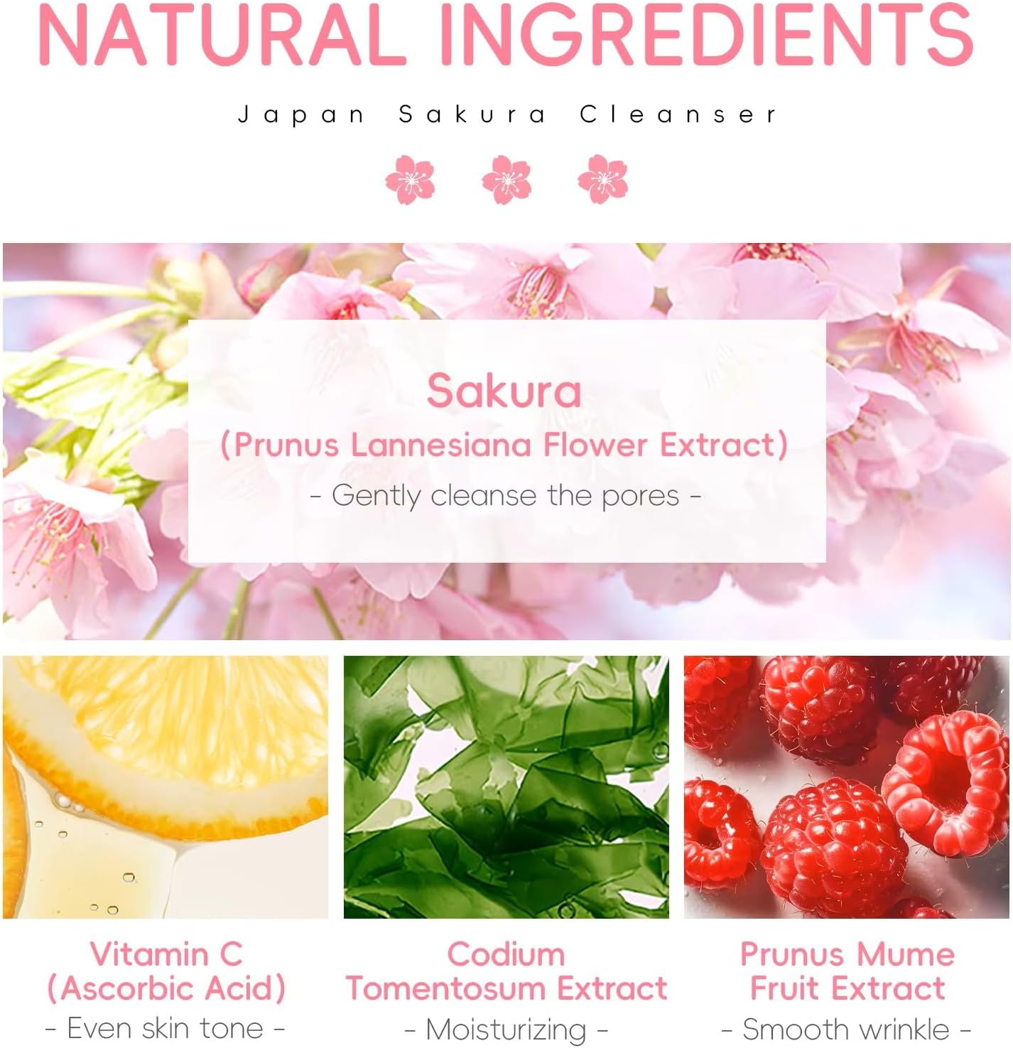 LAIKOU Sakura Foam Face Wash 50g – Gentle Cherry Blossom Facial Cleanser with Niacinamide, Hyaluronic Acid & Vitamin C – Hydrating Foaming Cleanser for Fresh, Smooth & Radiant Looking Skin