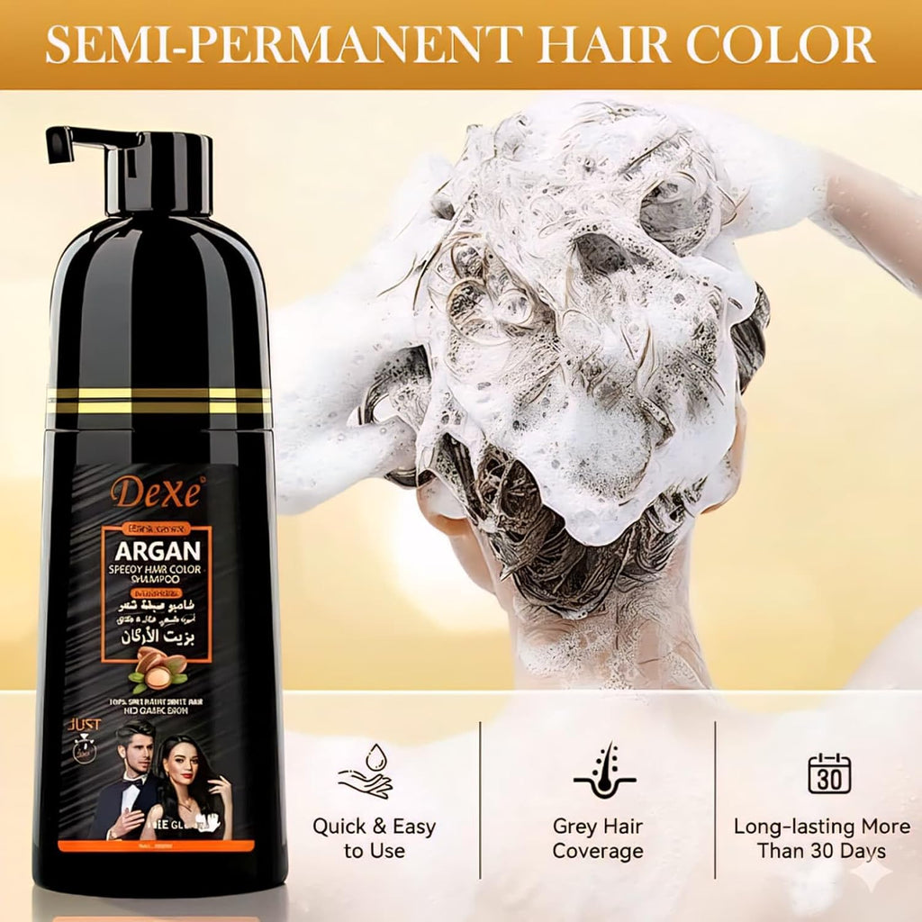 Dexe Black Hair Argan Oil Shampoo – 5 Minute Instant Hair Dye, Natural Organic Gray Coverage, Nourishing & Long-Lasting Color for Men & Women (BLACK)