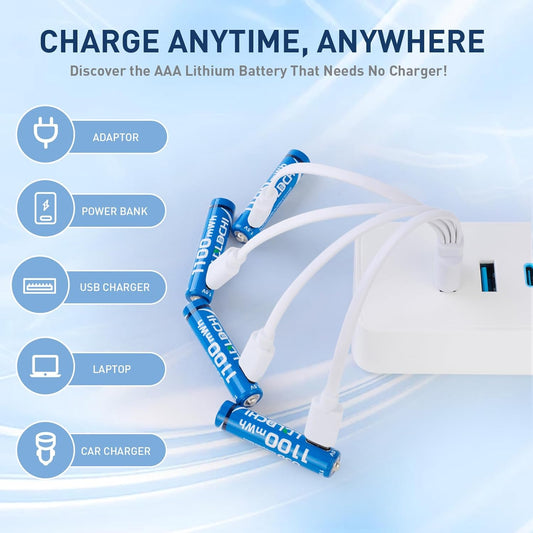 AAA Rechargeable Batteries 1.5V – 4 Pack Lithium, 1100mWh High Capacity, 1000+ Cycles, with 4-in-1 USB Charging Cable