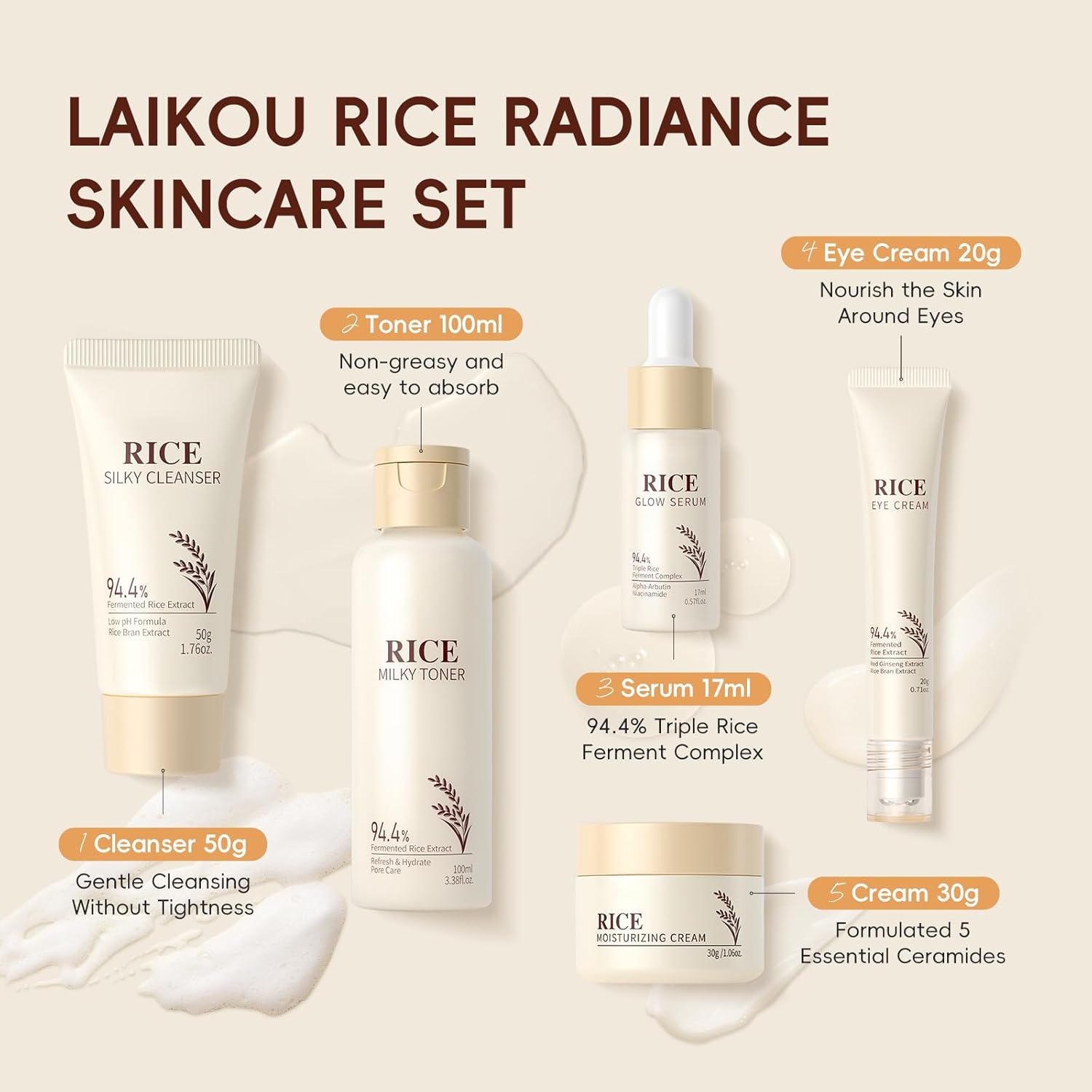 LAIKOU Rice Radiance Facial Skin Care Products Set - 94.4% Fermented Rice Extract, Additive - Free, Beauty & Skincare Gift for All Skin Types