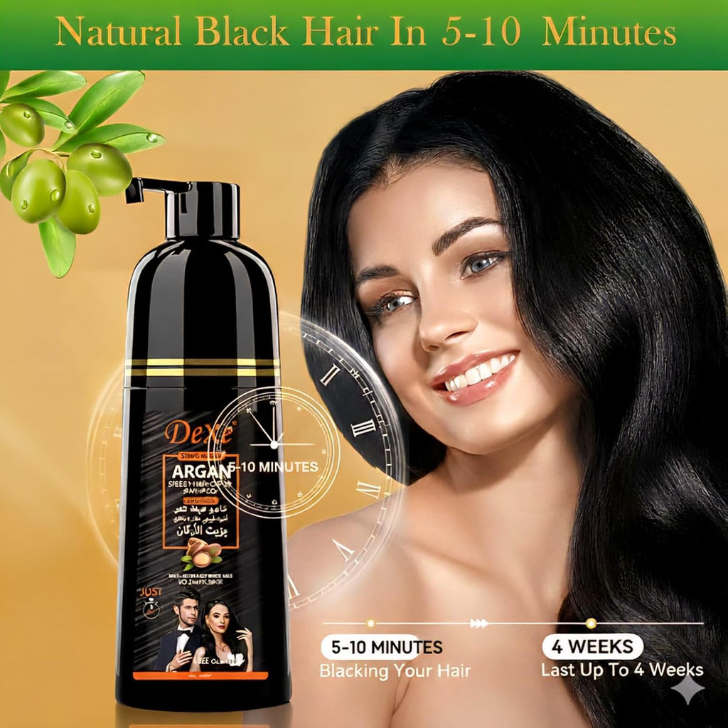Dexe Black Hair Argan Oil Shampoo – 5 Minute Instant Hair Dye, Natural Organic Gray Coverage, Nourishing & Long-Lasting Color for Men & Women (BLACK)
