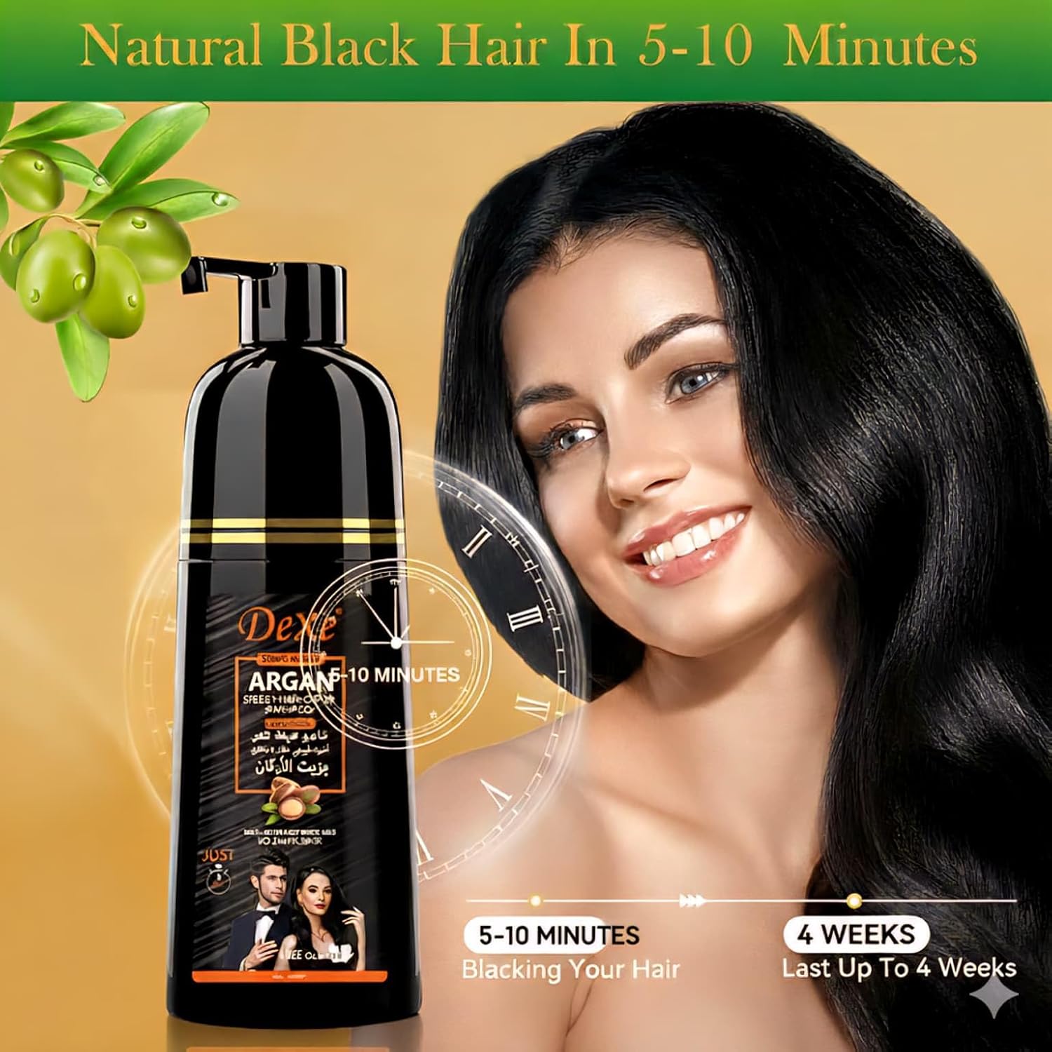 Dexe Black Hair Argan Oil Shampoo – 5 Minute Instant Hair Dye, Natural Organic Gray Coverage, Nourishing & Long-Lasting Color for Men & Women (BLACK)