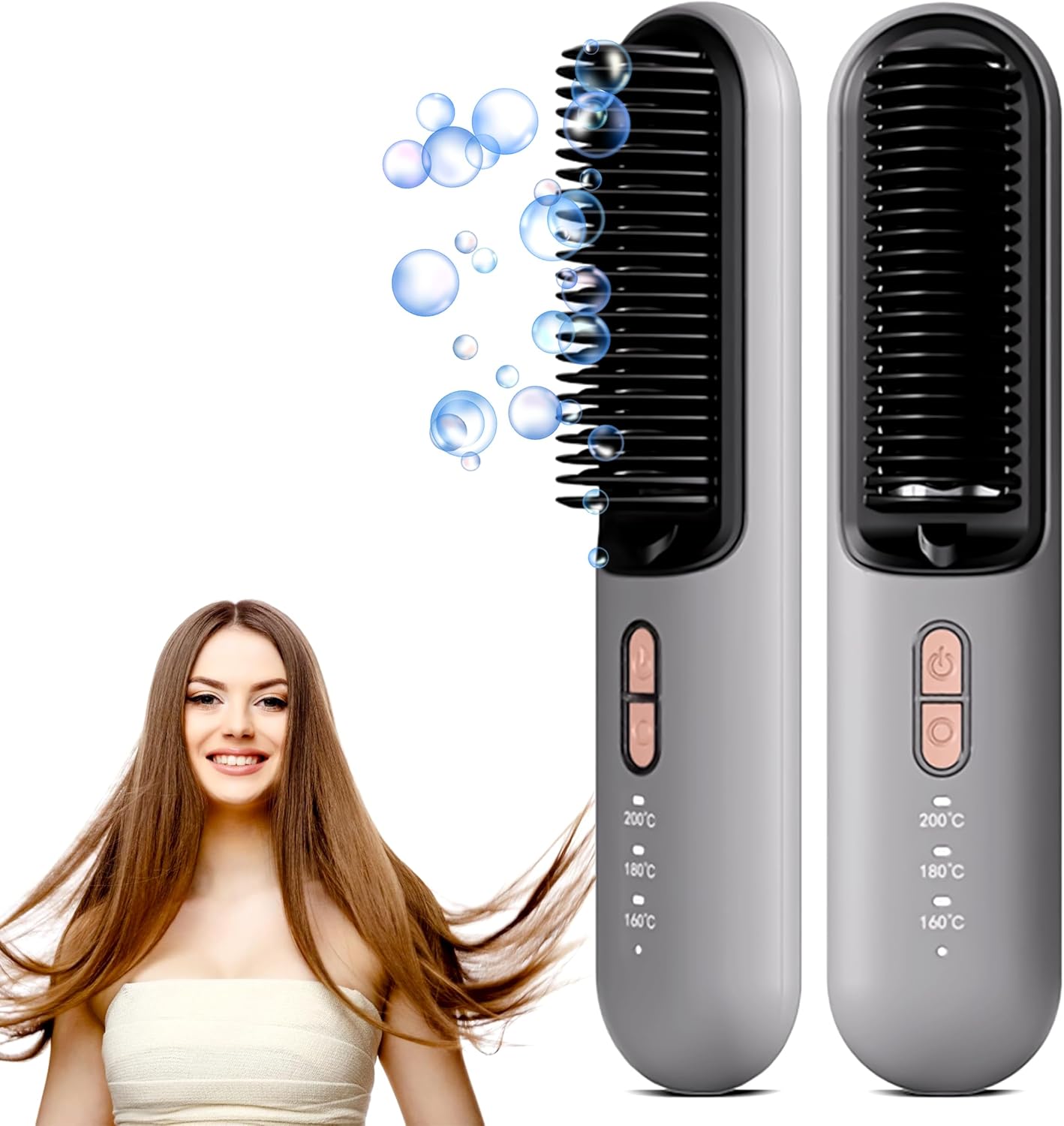 Cordless Hair Straightener Brush – Portable 2-in-1 Ionic Straightening Comb for Women, Travel Size, USB-C Rechargeable, Anti-Frizz & Anti-Scald Design