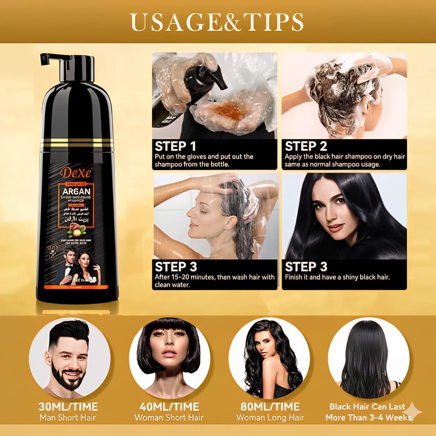 Dexe Black Hair Argan Oil Shampoo – 5 Minute Instant Hair Dye, Natural Organic Gray Coverage, Nourishing & Long-Lasting Color for Men & Women (BLACK)