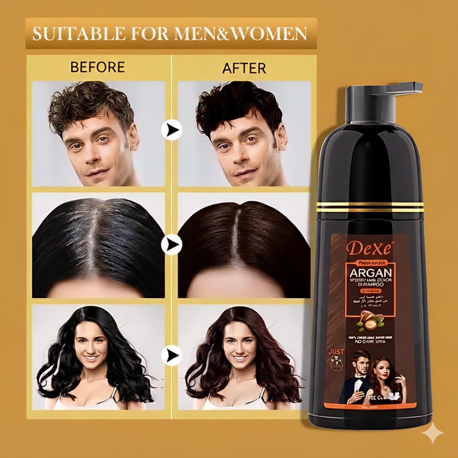 Dexe Black Hair Argan Oil Shampoo – 5 Minute Instant Hair Dye, Natural Organic Gray Coverage, Nourishing & Long-Lasting Color for Men & Women (BLACK)