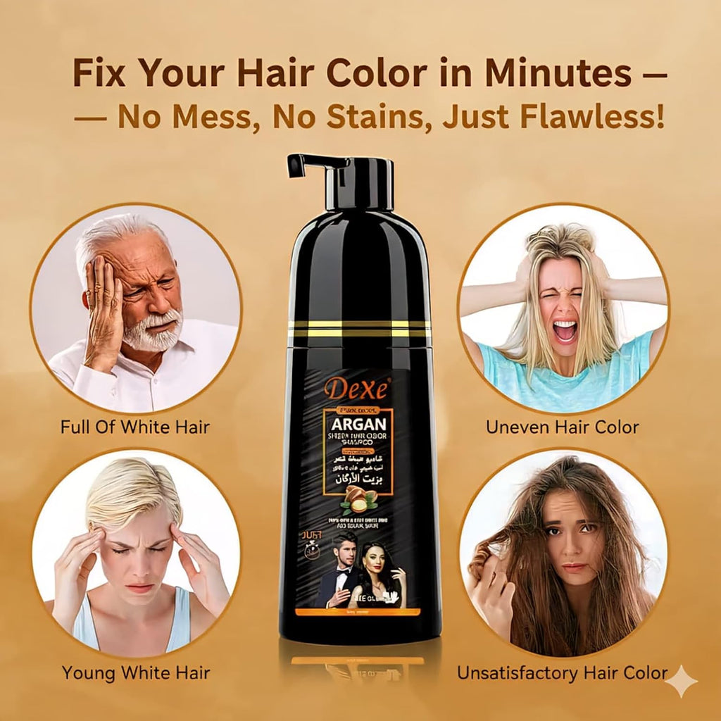 Dexe Black Hair Argan Oil Shampoo – 5 Minute Instant Hair Dye, Natural Organic Gray Coverage, Nourishing & Long-Lasting Color for Men & Women (BLACK)