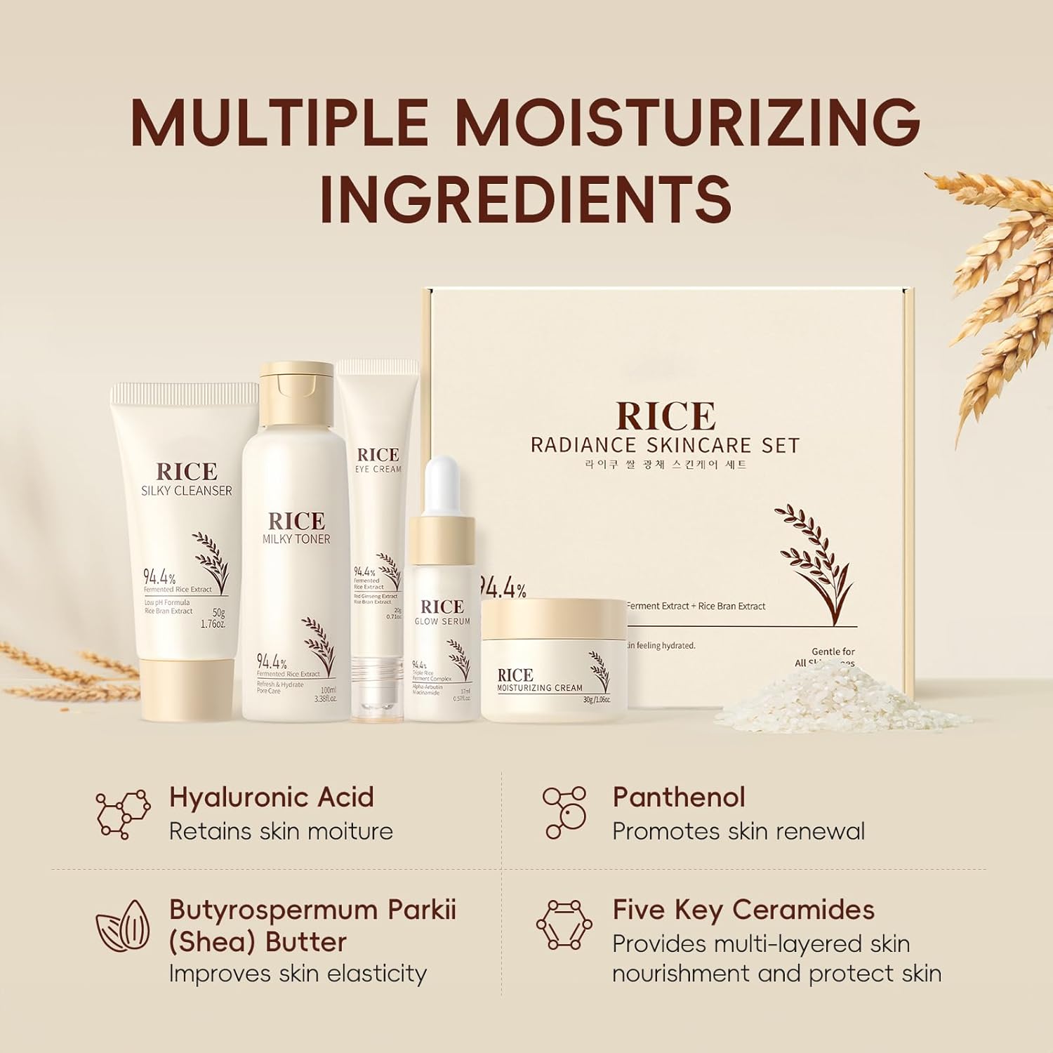 LAIKOU Rice Radiance Facial Skin Care Products Set - 94.4% Fermented Rice Extract, Additive - Free, Beauty & Skincare Gift for All Skin Types