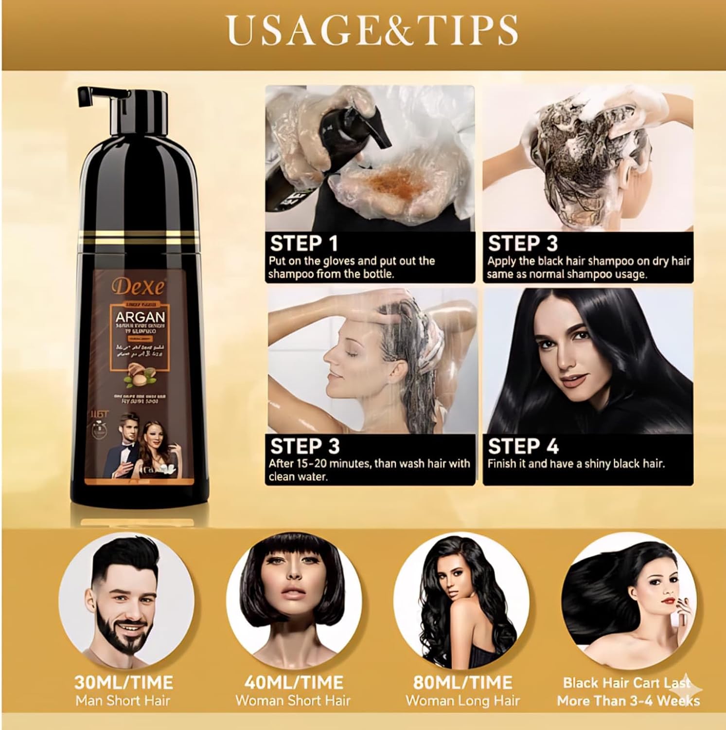 Dexe Black Hair Argan Oil Shampoo – 5 Minute Instant Hair Dye, Natural Organic Gray Coverage, Nourishing & Long-Lasting Color for Men & Women (BLACK)