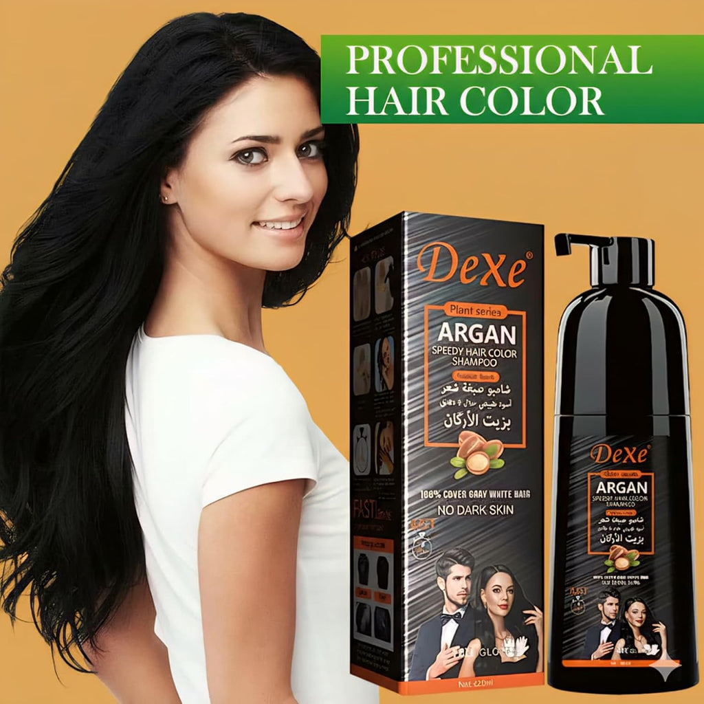 Dexe Black Hair Argan Oil Shampoo – 5 Minute Instant Hair Dye, Natural Organic Gray Coverage, Nourishing & Long-Lasting Color for Men & Women (BLACK)