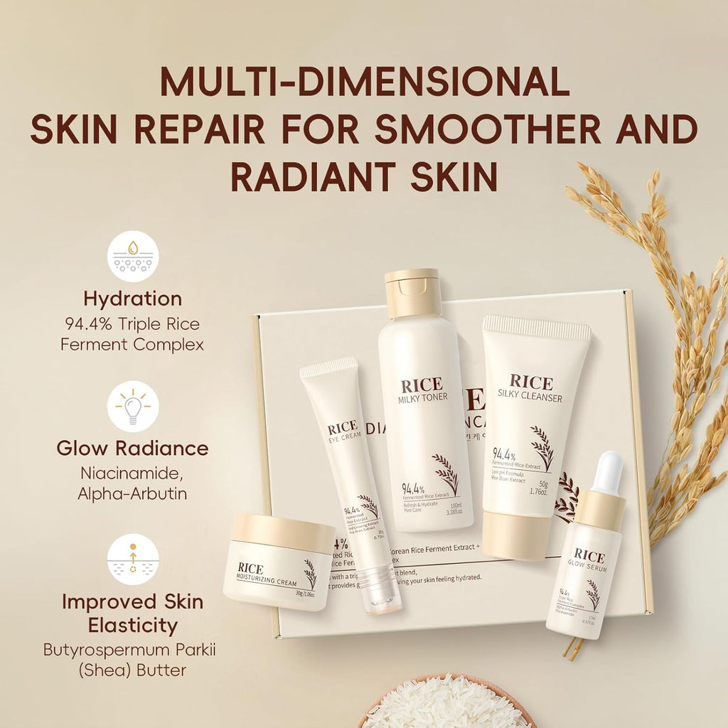 LAIKOU Rice Radiance Facial Skin Care Products Set - 94.4% Fermented Rice Extract, Additive - Free, Beauty & Skincare Gift for All Skin Types