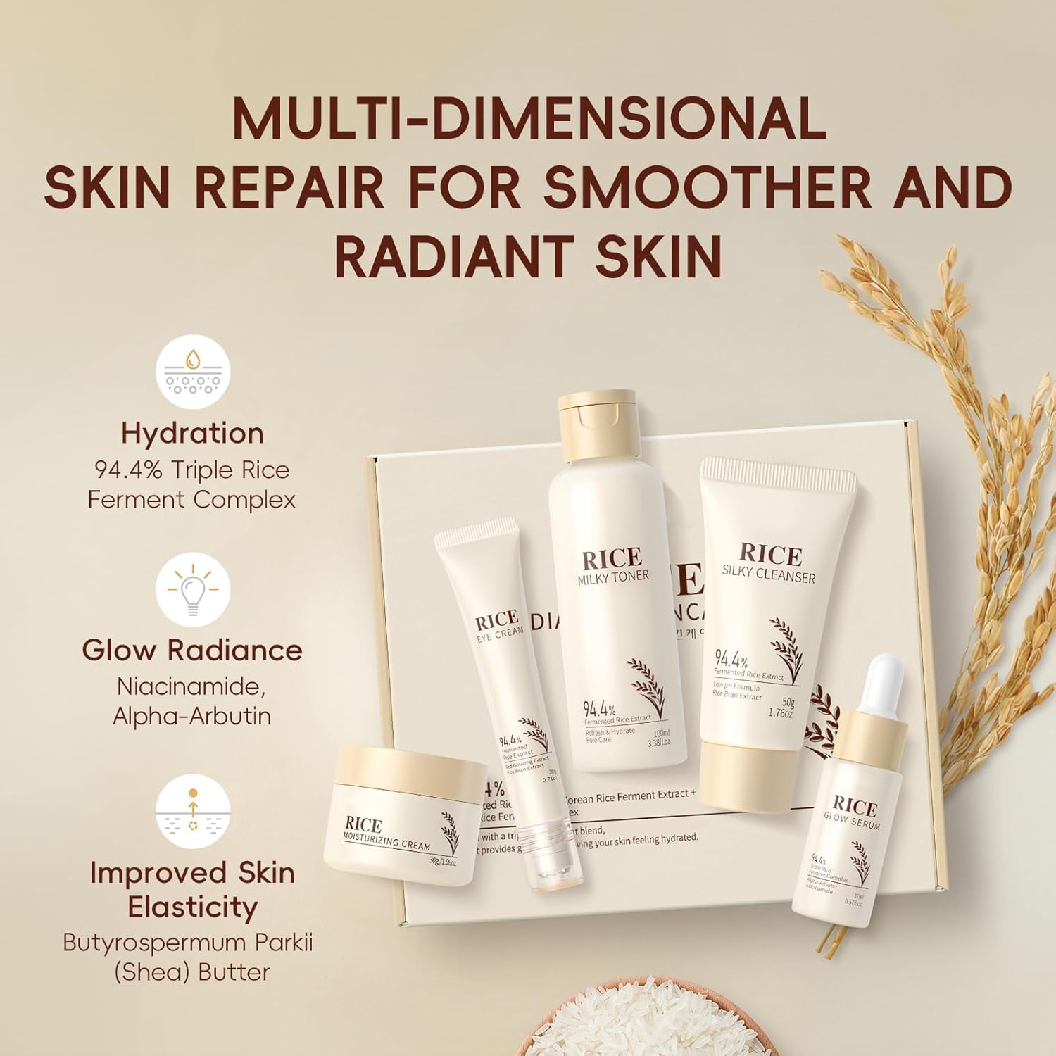 LAIKOU Rice Radiance Facial Skin Care Products Set - 94.4% Fermented Rice Extract, Additive - Free, Beauty & Skincare Gift for All Skin Types