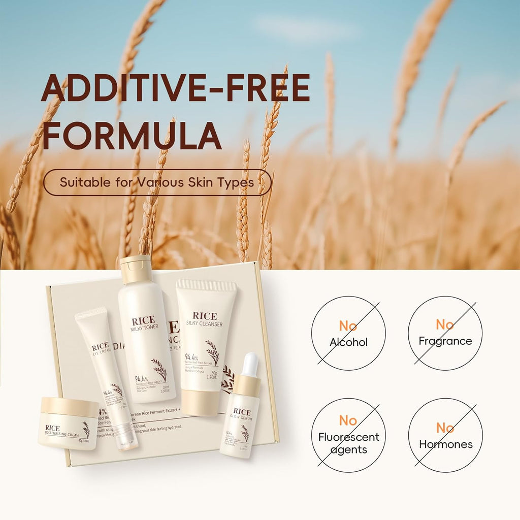 LAIKOU Rice Radiance Facial Skin Care Products Set - 94.4% Fermented Rice Extract, Additive - Free, Beauty & Skincare Gift for All Skin Types