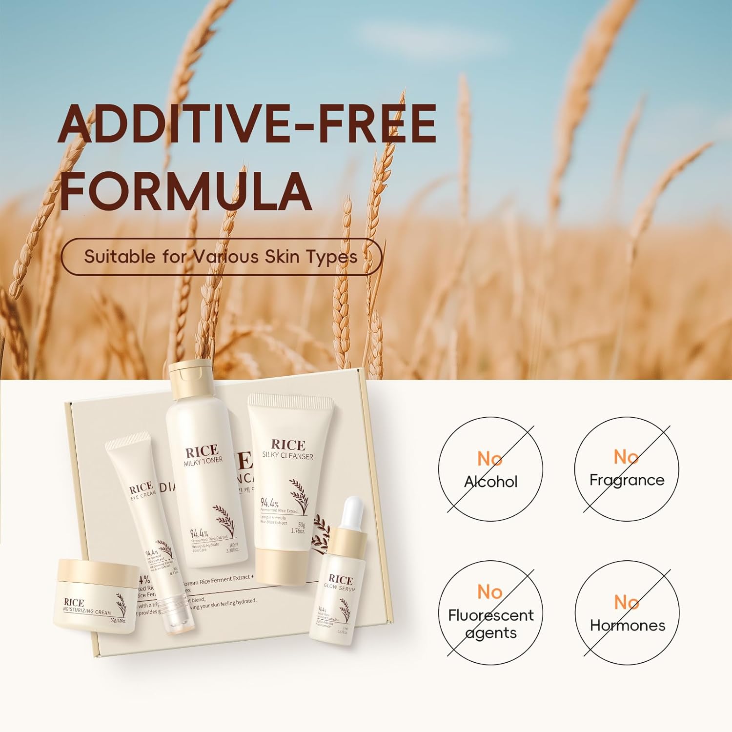 LAIKOU Rice Radiance Facial Skin Care Products Set - 94.4% Fermented Rice Extract, Additive - Free, Beauty & Skincare Gift for All Skin Types
