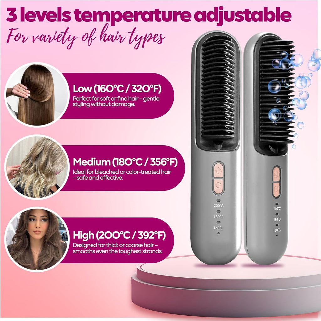 Cordless Hair Straightener Brush – Portable 2-in-1 Ionic Straightening Comb for Women, Travel Size, USB-C Rechargeable, Anti-Frizz & Anti-Scald Design
