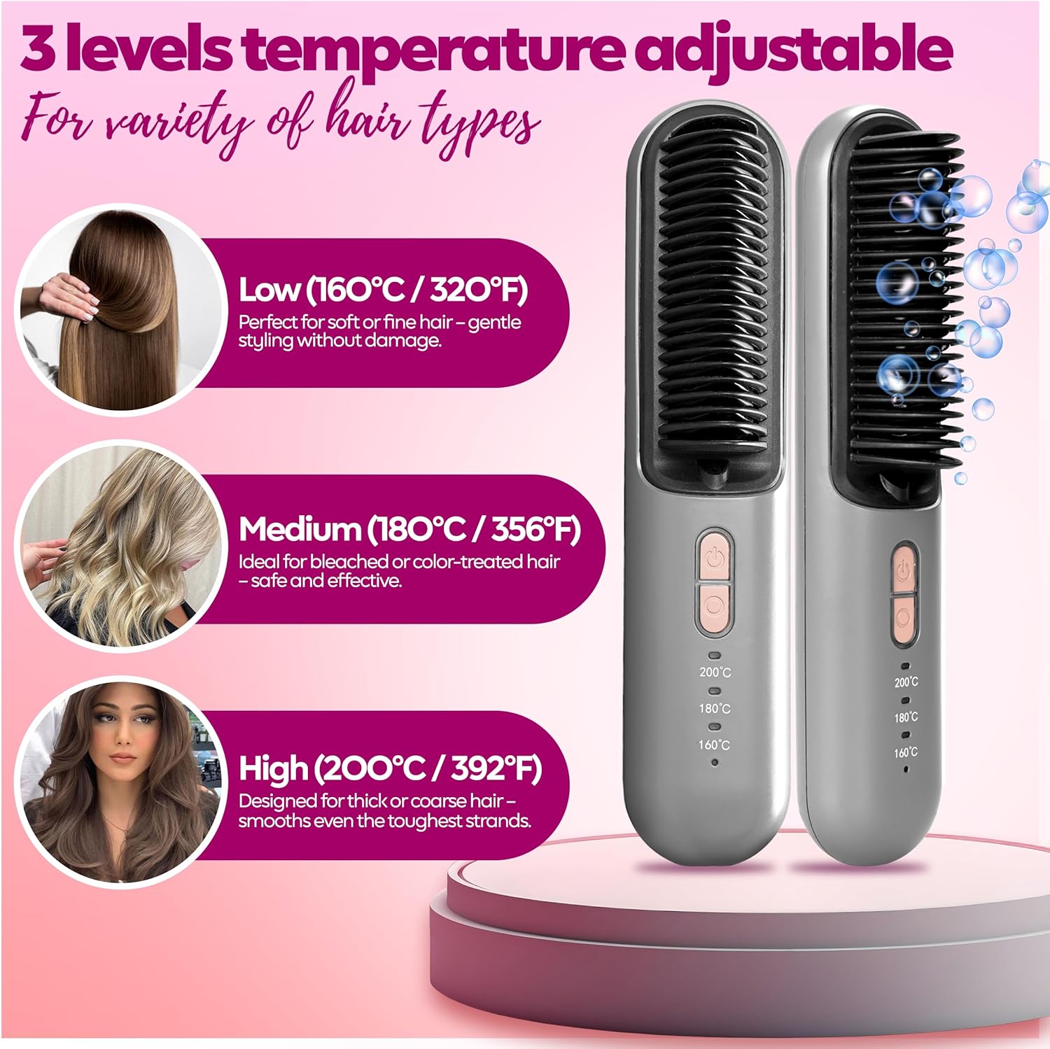 Cordless Hair Straightener Brush – Portable 2-in-1 Ionic Straightening Comb for Women, Travel Size, USB-C Rechargeable, Anti-Frizz & Anti-Scald Design
