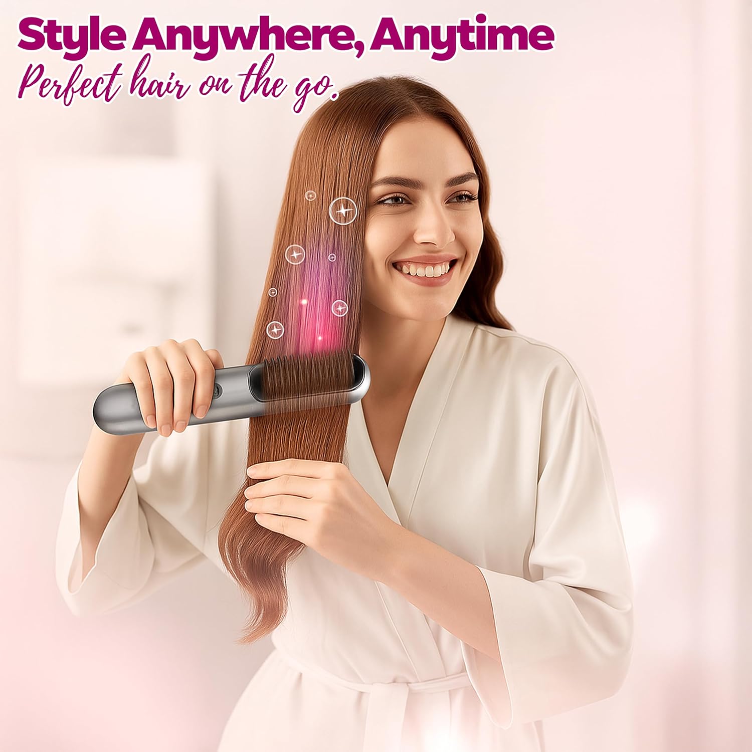 Cordless Hair Straightener Brush – Portable 2-in-1 Ionic Straightening Comb for Women, Travel Size, USB-C Rechargeable, Anti-Frizz & Anti-Scald Design