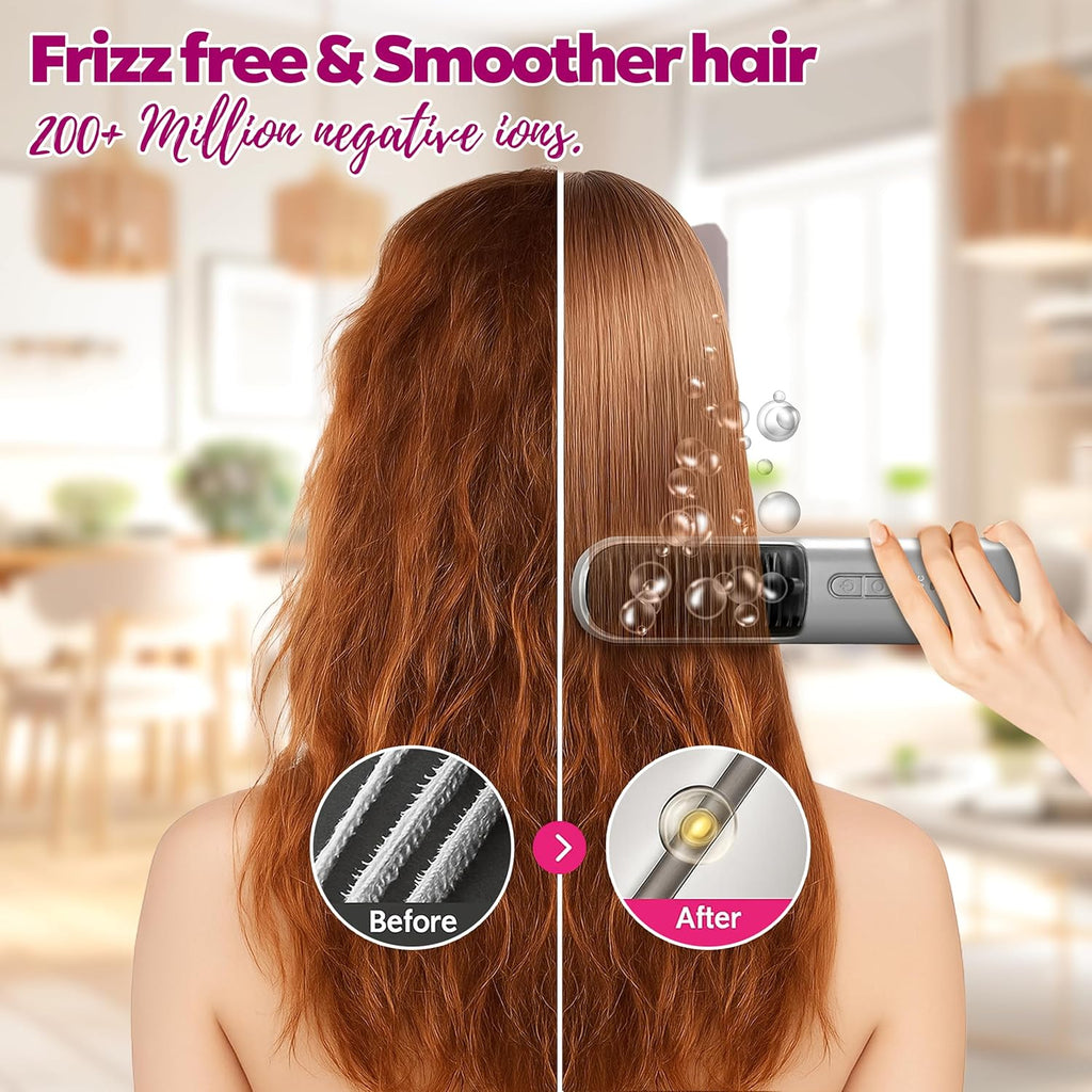 Cordless Hair Straightener Brush – Portable 2-in-1 Ionic Straightening Comb for Women, Travel Size, USB-C Rechargeable, Anti-Frizz & Anti-Scald Design
